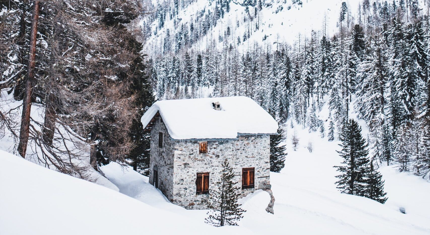 snow covered house near trees and mountain during daytime